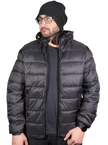 Image of True Face Men's Warm Puffer Bomber Jacket, Water-Resistant Quilted Winter Coat with Hood, Lightweight Padded Outerwear for Cold Weather - Stylish & Comfortable Insulated Top Black S