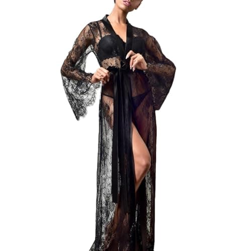 Image of ROSVAJFY Women's Sexy Dressing Gown, See Through Lace Floral Lightweight Floor Length Kimono Robe for Nightwear, Beach Coverup (UK, Alpha, One Size, Regular, Regular, Black)
