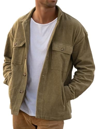 Image of PLEPAN Men's Corduroy Shacket with 4 Pockets (Chest & Side Slant) Button Down Work Jackets Casual Long Sleeve Shirt Jacket, Olive, Large