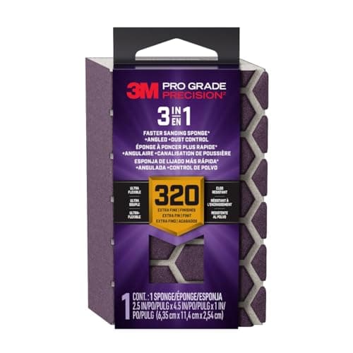 Image of 3M Pro Grade Precision 3-in-1 Sanding Sponge, 320 Grit X-Fine, 1 Sponge, Washable & Reusable, for Wood, Metal, Drywall, and Paint Finishing – Flexible Foam, Contoured, Angled, Flat