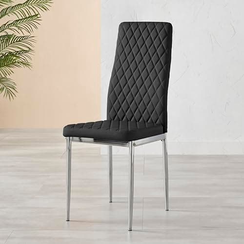 Image of Furniturebox UK Milan Dining Chair - Set of 4 or 6 Dining Chairs - Premium Dining Room Chairs - Contemporary & Luxurious Chrome Hatched Diamond Faux Leather Dining Seats (4x Black Chairs)