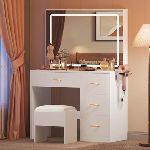 Image of DWVO Vanity Table and Stool Set with LED Mirror, Makeup Desk with Adjustable 3-Colour Lighting, 4-Drawer Storage, Hair Dryer Rack & Built-in Plug Socket, Dressing Table for Bedroom, White