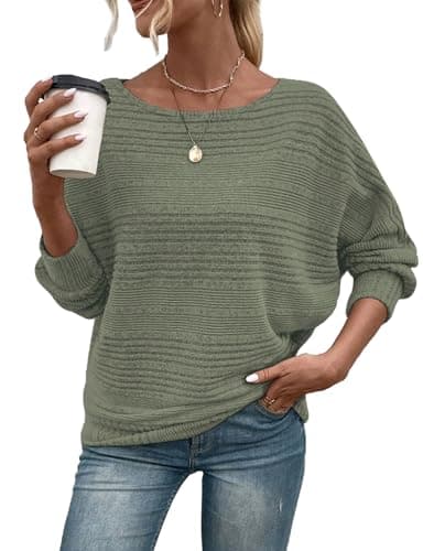 Image of Gemulate Sweaters for Women UK Crew Neck Off The Shoulder Jumper Lightweight Ladies Batwing Tops Long Sleeve Winter Sweater Shirts for Leggings Army Green XXL