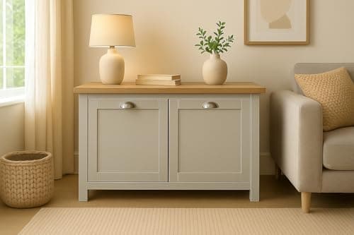 Image of Home Treats Grey & Pine 2 Door Cabinet | Modern Wooden Storage Cupboard with Natural Pine Top, Stylish Finish for Living Room or Hallway (Grey, 2 Door Cabinet)