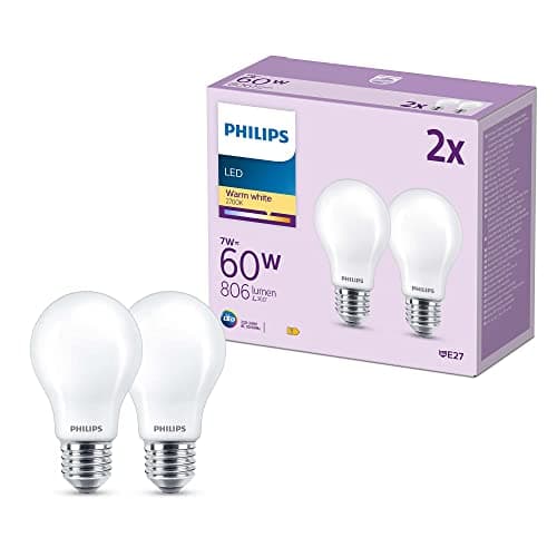 Image of Philips LED Frosted A60 Light Bulb 2 Pack [Warm White 2700K - E27 Edison Screw] 60W, Non Dimmable. for Home Indoor Lighting