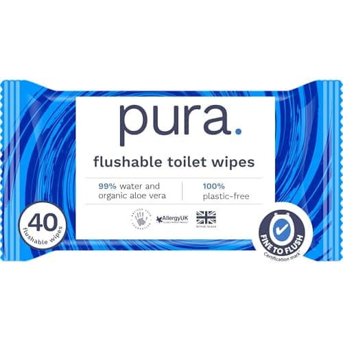 Image of Pura Flushable Moist Toilet Tissue Wipes, 12 Pack of 40 Wet Wipes, 100% Plastic Free, 99% Water Clean Washlets, Certified ‘Fine to Flush’ Biodegradable, Compostable, Vegan, Gentle Clean