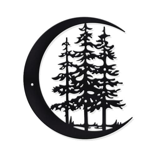 Image of NBEADS Pine Forest Metal Wall Decor, Iron Moon Wall Art Decor Tree Wall Decor Sign Metal Wall Sculptures for Home Bedroom Kitchen Office Hotel Wall Decoration, Matte Black, 23.5x26.3cm