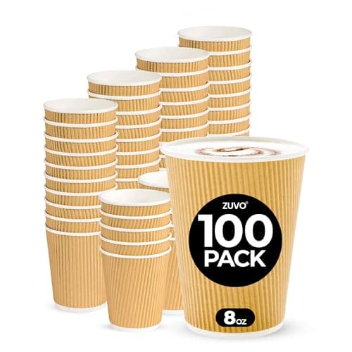 Image of Zuvo Coffee Cups 8 OZ - NO Lids - 100 Disposable Brown Ripple Coffee Cups - Ideal for Takeaways