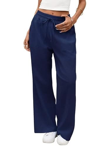 Image of CrystErzoix Summer Linen Trousers Womens Wide Leg Trousers Casual Elasticated Waist Palazzo Pants Lounge Pants with Lining, Navy Blue XL