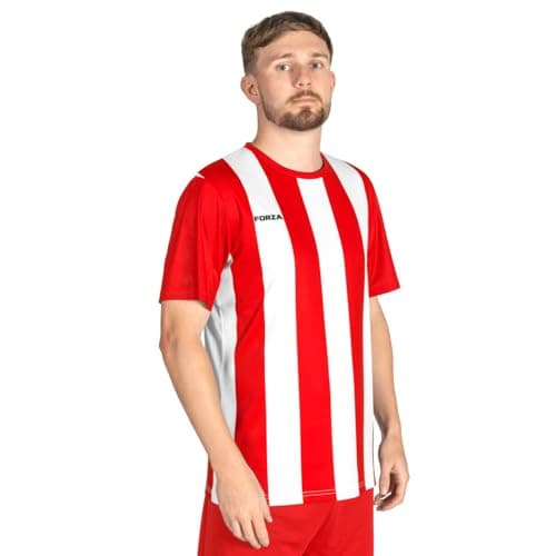 Image of FORZA Men’s Striped Jersey Shirt [XS-XXL] – Premium Short Sleeve Football T-Shirts | 5 Stripe Colour Options (Red and White, M)