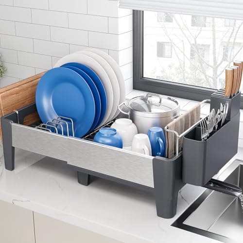Image of Urackify Dish Drainer Rack for Kitchen Counter, Expandable(12.7"-19.7") Aluminum Dish Rack, Stainless Steel Dish Drainer with Movable Utensil Holder, Grey