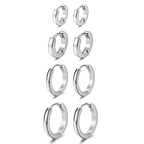 Image of JewelryWe Hoop Earrings Set Huggy Earrings Hinged Hoop Stainless Steel Hypoallergenic Urban Hoop Earrings(Silver)