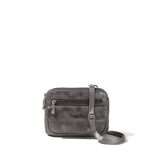 Image of Baggallini Women's Modern Everywhere Mini Crossbody 7x0.8x5.5 Cross Body Small Purse Travel Bag-Quick-Access Pocket, Silver Metallic Vegan Suede, One Size