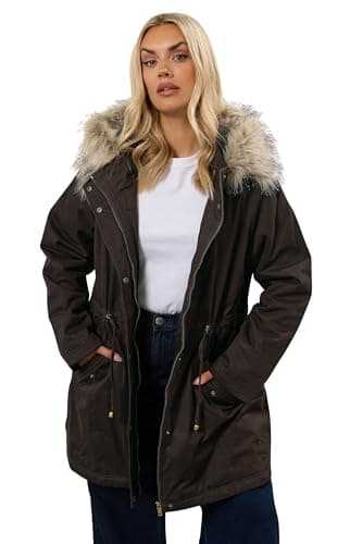 Image of Yours Curve Brown Fur Trim Parka Coat - Women's - Plus Size Curve