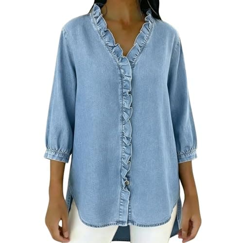 Image of TURWXGSO Women's Summer Denim Blouse V Neck Button Down 3/4 Sleeve Shirt Ruffle Neck Side Split Jean Blouse Casual Elegant Loose Fit Tops Daily Vacation Party Tops for Ladies
