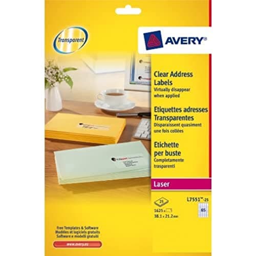 Image of Avery 1625 Mini Sticky Labels (65 per Sheet) - 38.1x21.2mm - Laser Print - Transparent (L7551)