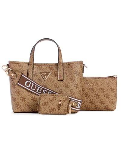 Image of GUESS Women's Latona Mini Tote, Crossbody, Latte Logo, One Size