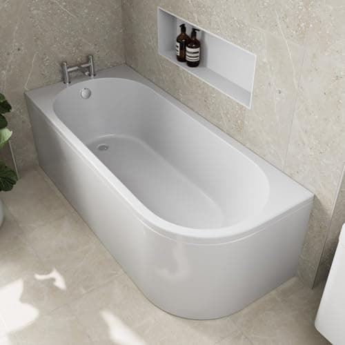 Image of Baystone® 1700 x 725mm Single Ended J Shaped Shower Bath Tub with Side Panel White Gloss Acrylic Luxury for Bathroom Corner Modern - Left Hand