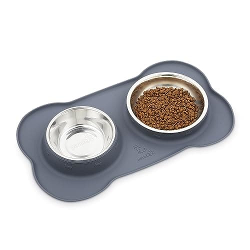 Image of Pecute Dog Bowls Non Slip, Stainless Steel Double Bowls Set with Non-Spill Silicone Mats Tray for Cats Puppies Small Dogs Water Food Feeding (14oz Each Bowl, Grey)