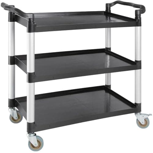 Image of 3 Tier Mobile Polypropylene Trolley Black - 180 kg Capacity, Size: 1070 x 960x520mm, Kitchen Storage Cart Including 2x Braked & 2x Plain Easy-Fit Castors for use in Catering, DIY & Housekeeping.