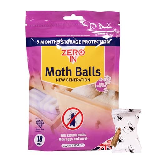Image of Zero In New Generation Moth Balls - 10-Pack. Place in Wardrobes, Cupboards and Drawers to Kill Clothes Moths, Eggs, and Larvae. Fragranced, White
