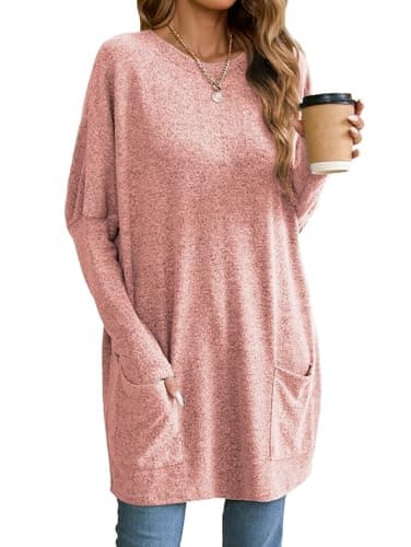 Image of Famulily Women’s Long Sleeve Crewneck T Shirt Outfits Oversized Pullover Sweatshirt Ladies Solid Color Tops Pink S