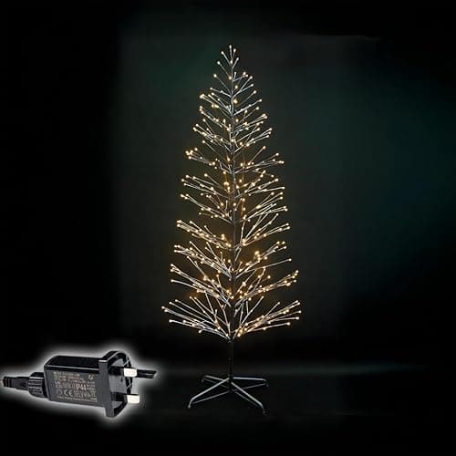 Image of 6Ft/1.8m Pre-Lit Brown Snowy Twig Christmas Tree – 296 Wam White Micro LEDs – Mains Operated - Snow Flocked Birch Tree Xmas Home Light Decoration