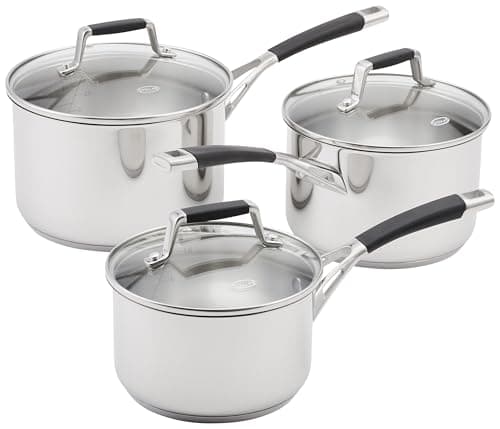 Image of Stellar Flow Set of 3 Stainless Steel Saucepans with Glass Lids, 16cm, 18cm & 20cm, Oven Safe, Induction Ready
