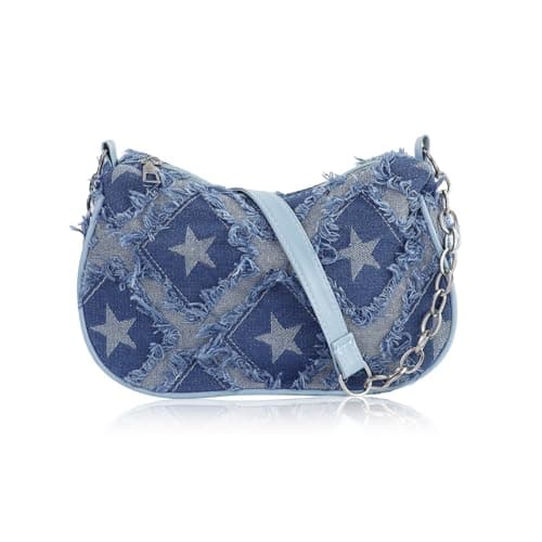 Image of AfitLulu Denim Small Shoulder Bags for Women, Women's Crescent Bag Small Ladies Handbags with Zipper, Underarm Bag Star Armpit Bags with Leather Chain Strap for Daily Activities (Blue)