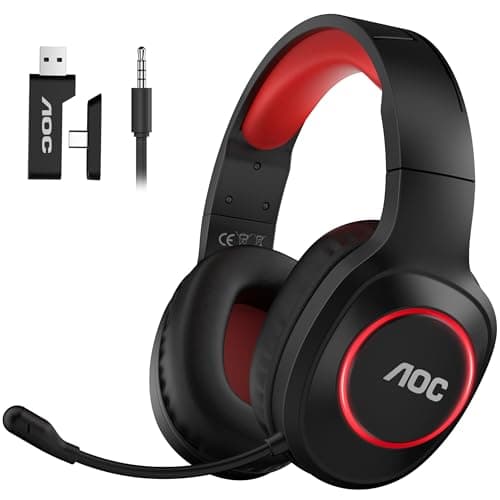 Image of AOC Wireless Gaming Headset for PC, PS5, Bluetooth 5.4 & 2.4GHz Low Latency Gaming Headset with Mic, Noise Canceling, 7.1 Virtual Surround, 45H Long Battery Life, USB-C Fast Charging- Black Red