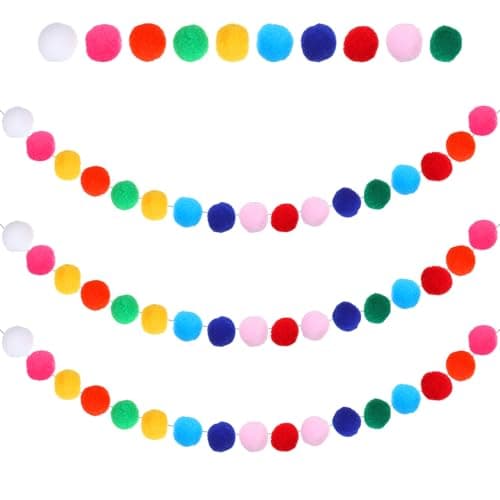 Image of Oruola 3 Pcs Pom Pom Garland,Colored Poms Bunting,90 Balls Rainbow Felt Ball Garland Christmas Hanging Supplies for Colorful Nursery Decor,Xmas Tree Classroom Birthday Party Wall Decorations