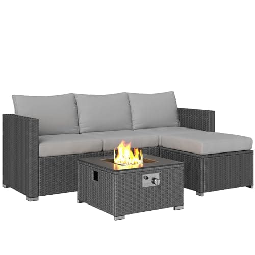 Image of Outsunny 5 Piece Rattan Garden Furniture Set with Gas Fire Pit Table, 4 Seater Outdoor Sectional Sofa Set with Footstool and Removable Cushions, Modular Combination, Grey