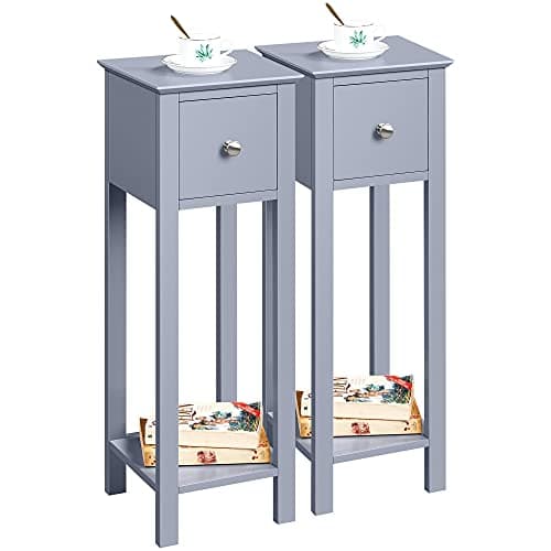 Image of Yaheetech Grey Slim Bedside Table Set of 2 Nightstand with Drawer Tall Telephone Table Narrow Side Table for Hallway/Living Room/Bedroom, 25x25x70cm