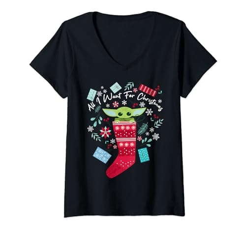 Image of Womens Star Wars The Mandalorian Christmas Grogu Stocking Stuffer V-Neck T-Shirt