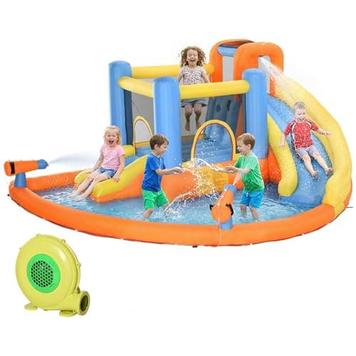 Image of AIYAPLAY 5 in 1 Bouncy Castle for Children, Inflatable Bounce House with Dual Slides, Water Cannons, Trampoline, Splash Pool, Climbing Wall and Blower for Indoor Outdoor Fun