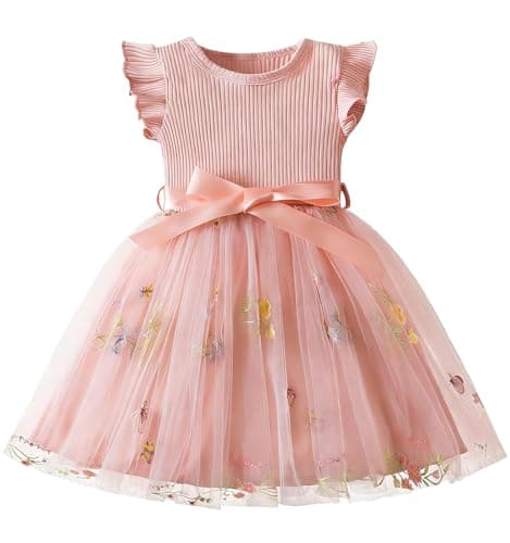 Image of JiAmy Girls' Dresses Flower Embroidery Knit Tulle Toddler Dresses Flying Sleeves Girls Party Dress for Kids 5-6 Years, Pink Flower