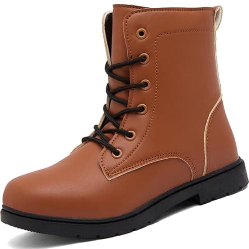 Image of situkeke Ankle Boots for Boys Girls Waterproof Side Zipper Lace Up Kids Black School Boots Leather Walking Boots High Top Ankle Booties,Brown EU32
