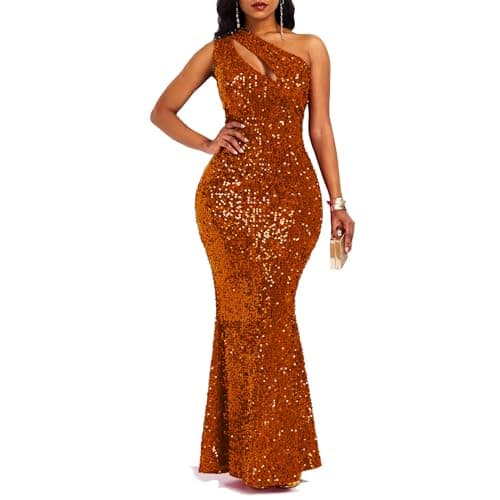 Image of VERWIN Sequins Fashion Sleeveless Oblique Collar Mermaid Women's Maxi Bodycon Party Dress L Caramel