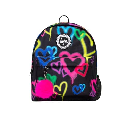 Image of hype Unisex Backpack, Black with Neon Graffiti Style Hearts, School Bag for Kids, Comfortable Rucksack with Bottle Holder, 3 Storage Compartments, Padded, Adjustable Straps & Grab Handle
