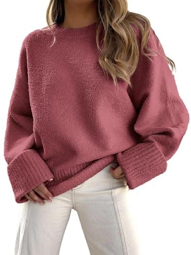 Image of Jhsnjnr Sweater for Women Pullover Casual Autumn Long Sleeve Fuzzy Knit Tops Crew Neck Chunky Oversized Jumper Fuchsia