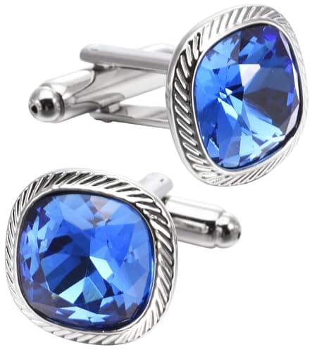 Image of Jonwo Blue Zircon Gemstone Cufflinks for Men Women In Gift Case Silver Square Men's Cufflinks Jewelry Set for Wedding Anniversary Business Party Events Tuxedo Dress Shirt