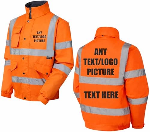 Image of Personalised Orange Hi-Vis Safety Bomber Jacket – Customizable Workwear with Logo or Text, EN20471 Class 3 & RIS-3279-TOM Compliant Safety Jacket, Brook Hi Vis (Orange, Large)