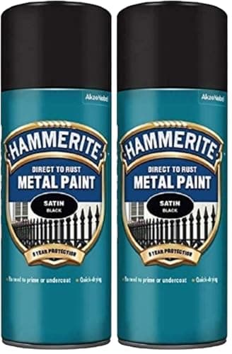 Image of Hammerite Spray Paint for Metal. Direct to Rust Exterior Black Metal Paint, Satin Finish. Corrosion Resistant Black Paint and Rust Remover, 8 Year Protection - 400ml Aerosol 0.5 SqM Coverage