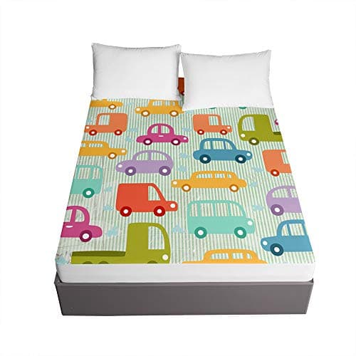 Image of Chickwin Child Fitted Sheets for Single Double King Bed, Cartoons Car Printed Bedding Sheets Deep Pocket 30cm - Soft Microfibre Easy Care Shrinkage Fade Resistant (Color truck,120x200x30cm)