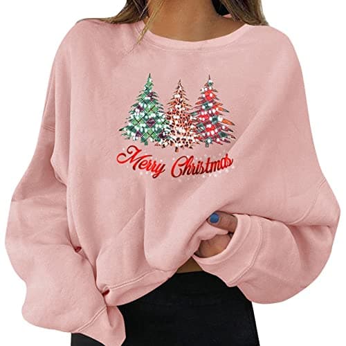 Image of Women's Christmas Pullover, Funny Graphic Print, Crewneck, Long Sleeve, Sweatshirts, Gifts, Shirt Tops, pink, S