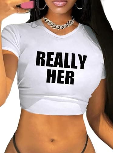 Image of Hilinker Womens Short Sleeve Graphic Crop Tops Vintage Tees Summer Cute T Shirts, White Letter Really, XL