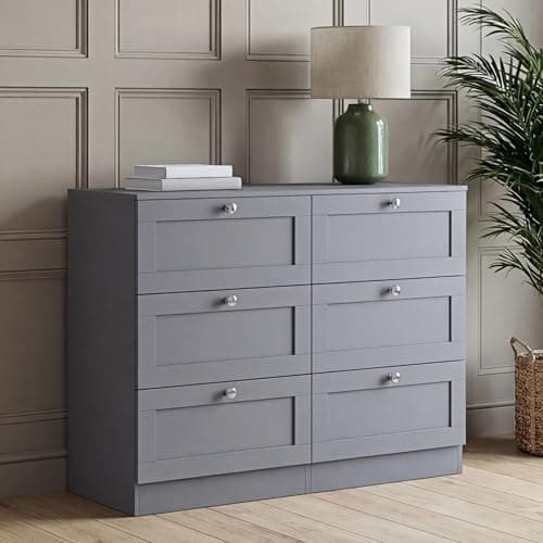 Image of Vida Designs Altino 6 Drawer Chest of Drawers | Grey | H 76.5 x W 100 x D 36 cm | Wide Bedroom Storage Unit | Easy Assembly | Clothes Storage Cabinet | Modern Shaker Style Hallway or Guest Room