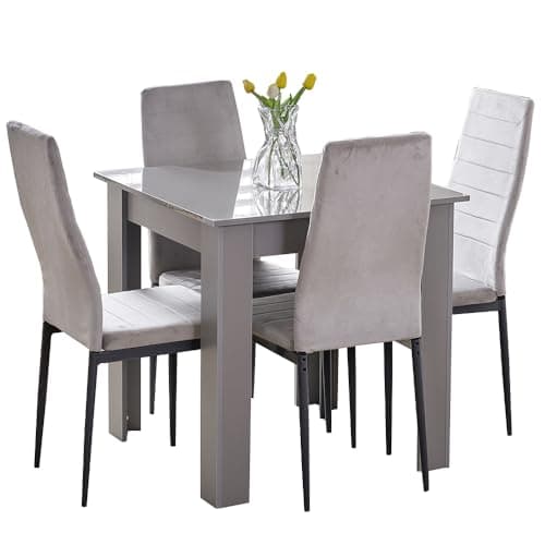 Image of Rainbow Tree Modern 5 Piece Dining Room Table and Chairs Set, Wooden Square Table with 4 Chairs for Small Space Apartment Space Saving (Grey Table+4 Grey Velvet Chair)