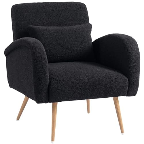 Image of HOMCOM Modern Accent Chair, Teddy Fleece Upholstered Armchair with Lumbar Pillow, Metal Legs, Reading Lounge Chair for Living Room, Bedroom, Black