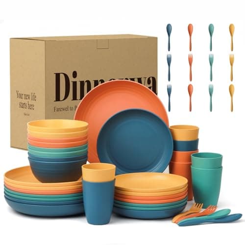 Image of Wrova Plastic Dinner Set 48-Piece | Reusable Camping Cutlery Service for 8 | Cups, Bowls, Plates & Cutlery, Reusable Plates Set for Everyday & Entertaining, Microwave & Dishwasher Safe-Multicolors